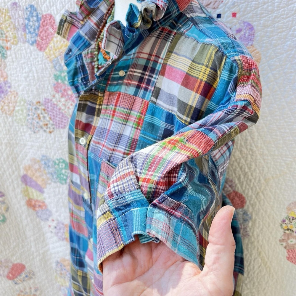 Upcycled Preppy Lands End Autumn Madras Patchwork Oversized Short Sleeve XXL - Picture 4 of 10